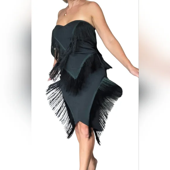 Emerald‎ Green Strapless Fringe Mini Dress Sz M Bandage Fitted Sweetheart Neck - Picture 3 of 11